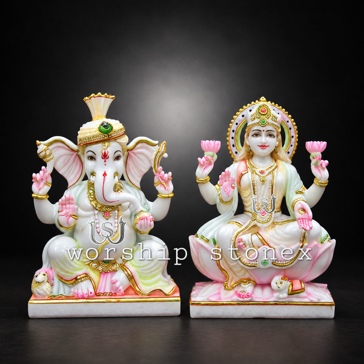 Small Ganesh Lakshmi Marble Statue for Diwali | Colorful Makrana Marble Ganesh Ji & Lakshmi Ji Idol