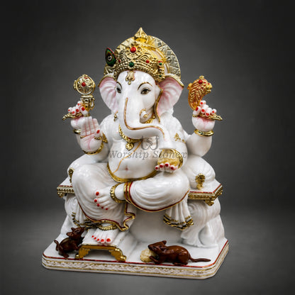 6' to 18' Royal White Marble Ganesha Murti – Gold & Red Handcrafted Ganesh Idol