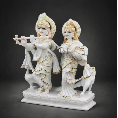 15 inch Radha Krishna Vietnam White Marble Murti Set (Gold Embossed Finish)
