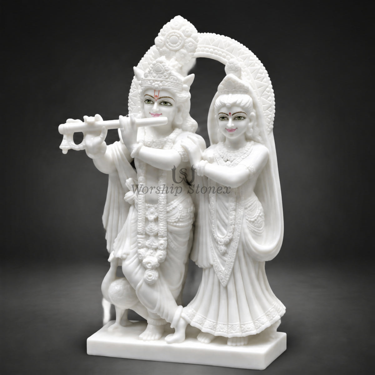 24" White Makrana Marble Radha Krishna Idol with Decorative Halo