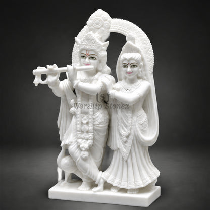 24" White Makrana Marble Radha Krishna Idol with Decorative Halo