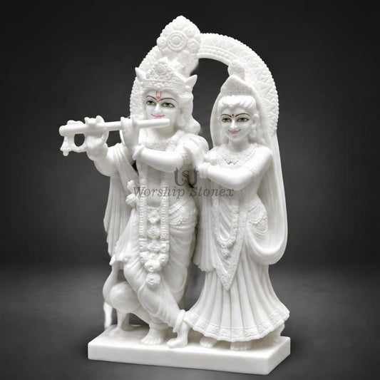 24" White Makrana Marble Radha Krishna Idol with Decorative Halo