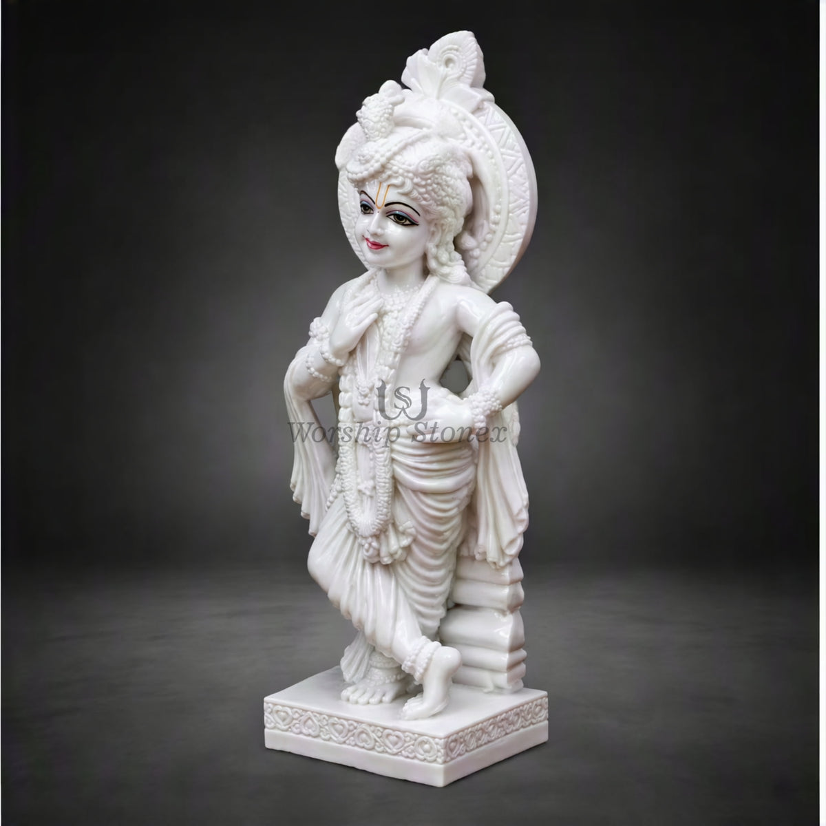 20 Inch Handcrafted Pure White Makrana Marble Lord Krishna Statue