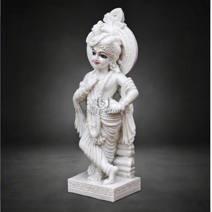 20 Inch Handcrafted Pure White Makrana Marble Lord Krishna Statue