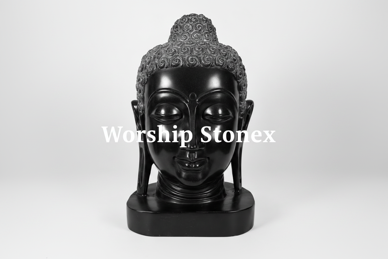 15 Inch Handcrafted Black Marble Buddha Head Statue |  Glossy Finish Meditation & Home Decor Sculpture
