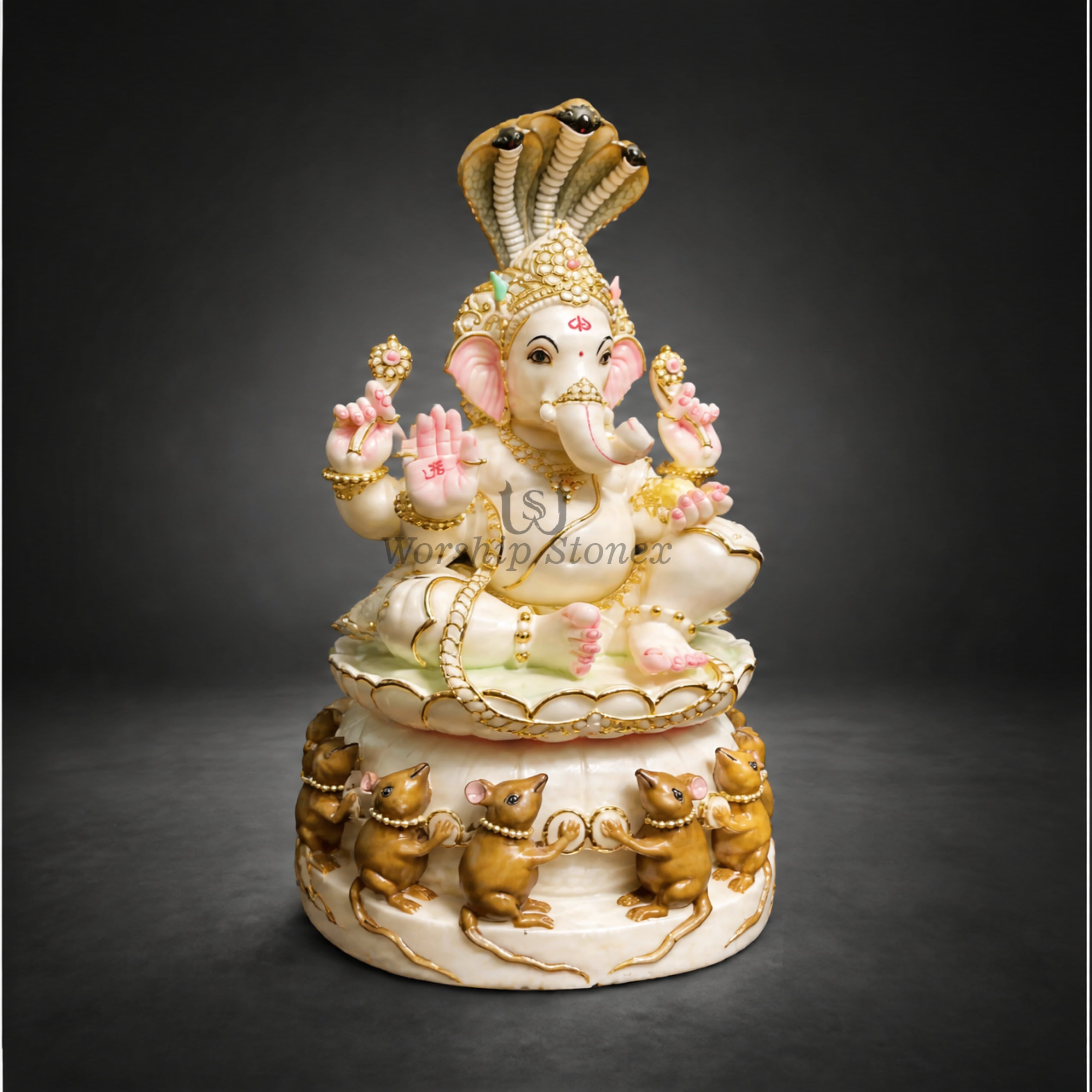 15 inch Vietnam Marble Lord Ganesha Murti with Sheshnag Crown & Decorative Mouse Base