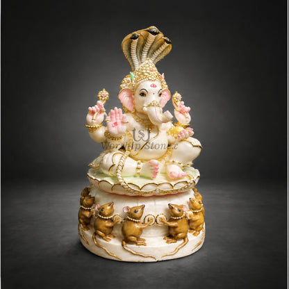 15 inch Vietnam Marble Lord Ganesha Murti with Sheshnag Crown & Decorative Mouse Base