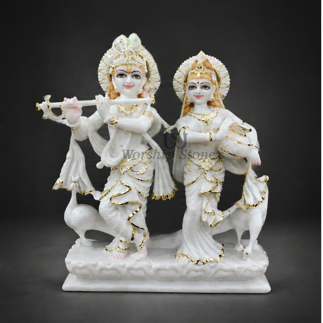15 inch Radha Krishna Vietnam White Marble Murti Set (Gold Embossed Finish)