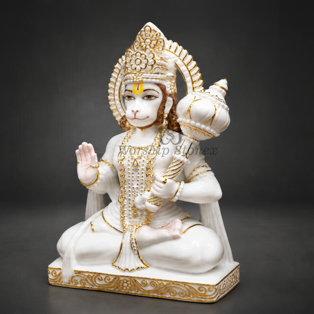 White Vietnam Marble Hanuman Ji Murti with Gold Detailing - 18 inch