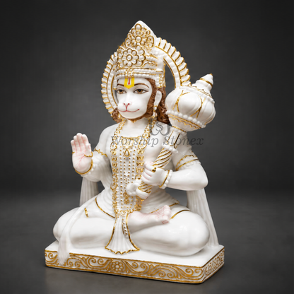 White Vietnam Marble Hanuman Ji Murti with Gold Detailing - 18 inch