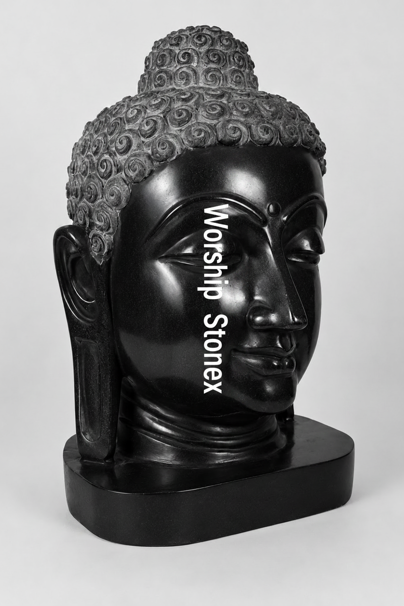 15 Inch Handcrafted Black Marble Buddha Head Statue |  Glossy Finish Meditation & Home Decor Sculpture