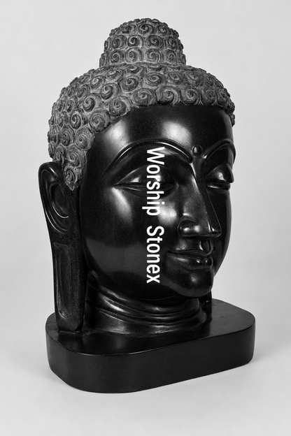 15 Inch Handcrafted Black Marble Buddha Head Statue |  Glossy Finish Meditation & Home Decor Sculpture
