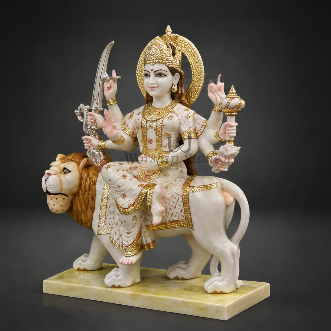 24 inch Maa Durga (Sherawali) Makrana White Marble Murti (Gold Embossed Finish)