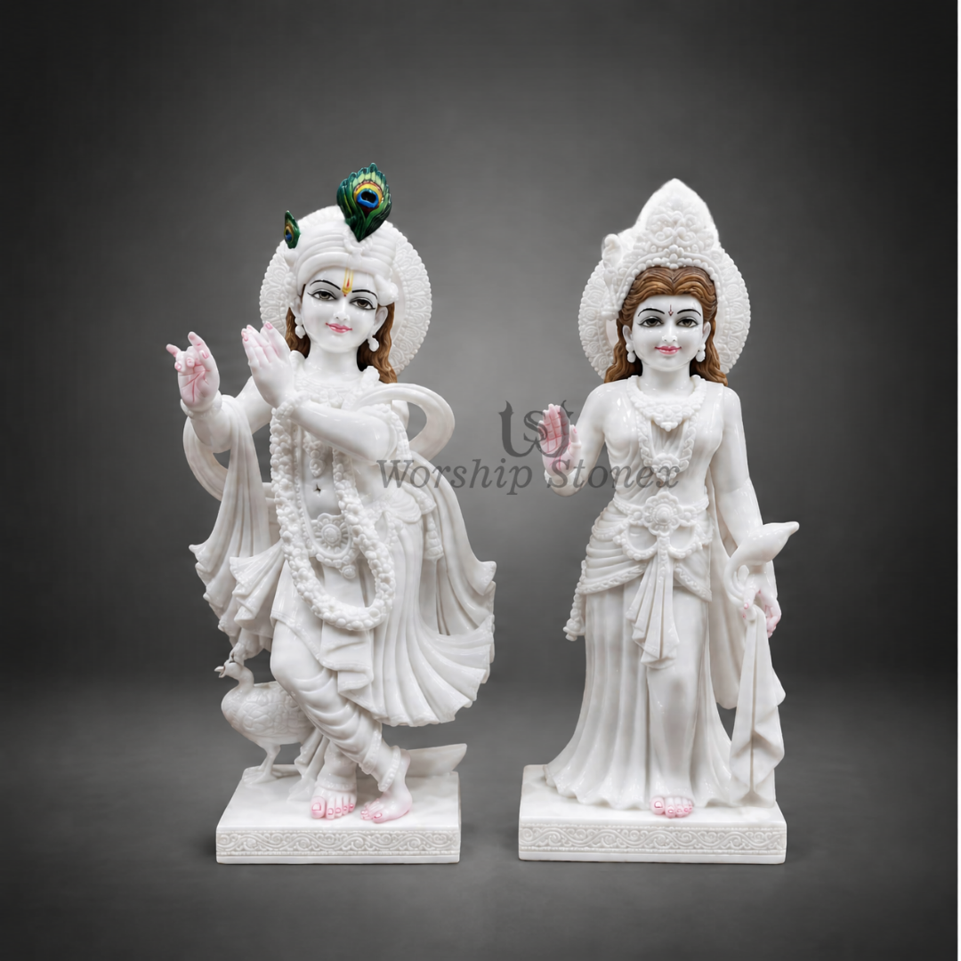 12 Inch Makrana Marble Radha Krishna Statue | Handmade Radha Krishna Murti for Home Temple