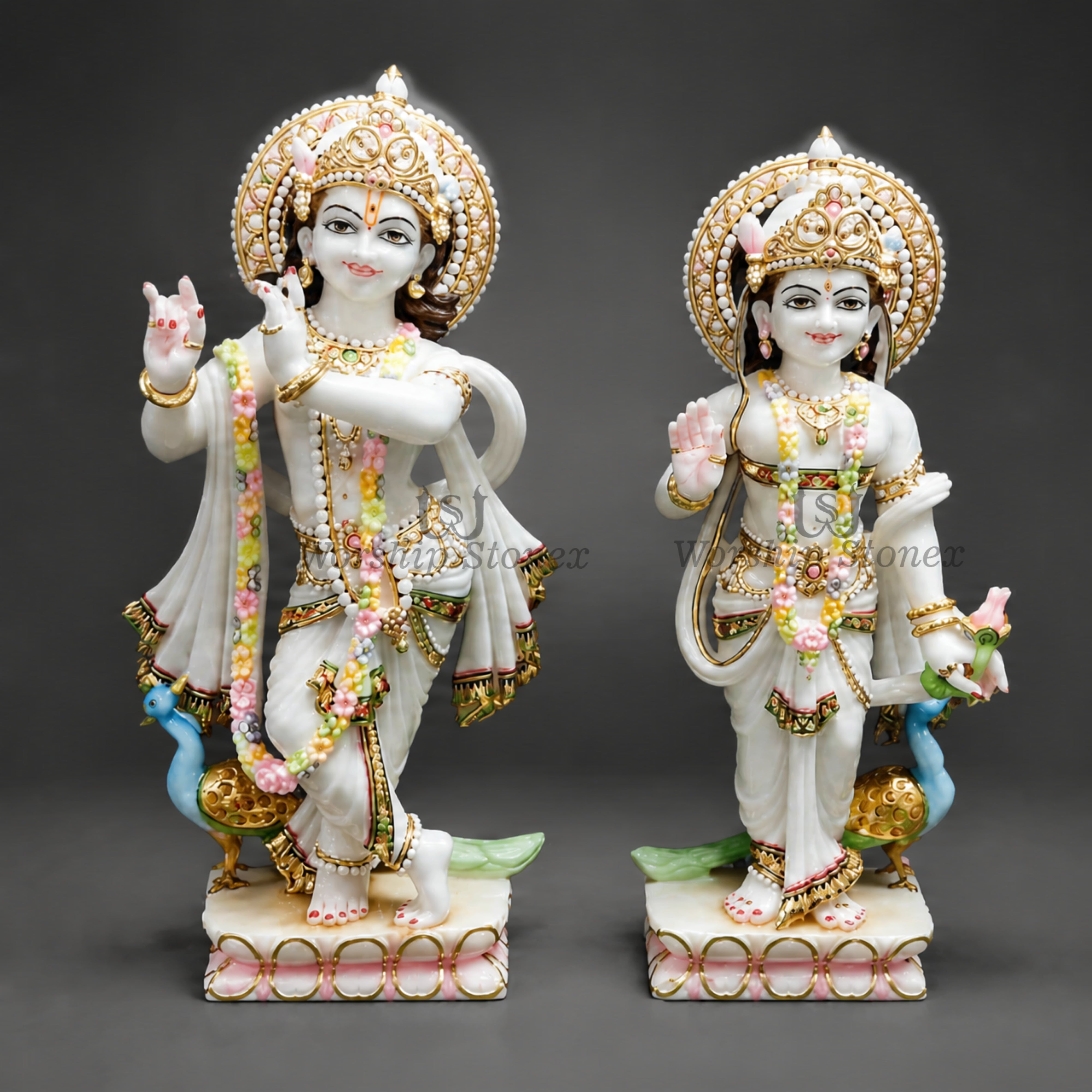 18 Inch White makrana(Indian marble) Radha Krishna Moorti,idol,statue Pair with Golden and Multicolour Work