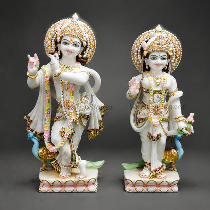 18 Inch White makrana(Indian marble) Radha Krishna Moorti,idol,statue Pair with Golden and Multicolour Work