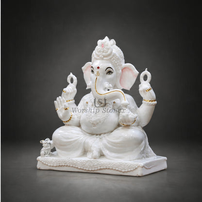 15 inch Vietnam Marble Lord Ganesha Murti – Elegant Seated Ganesh Idol with Intricate Carving