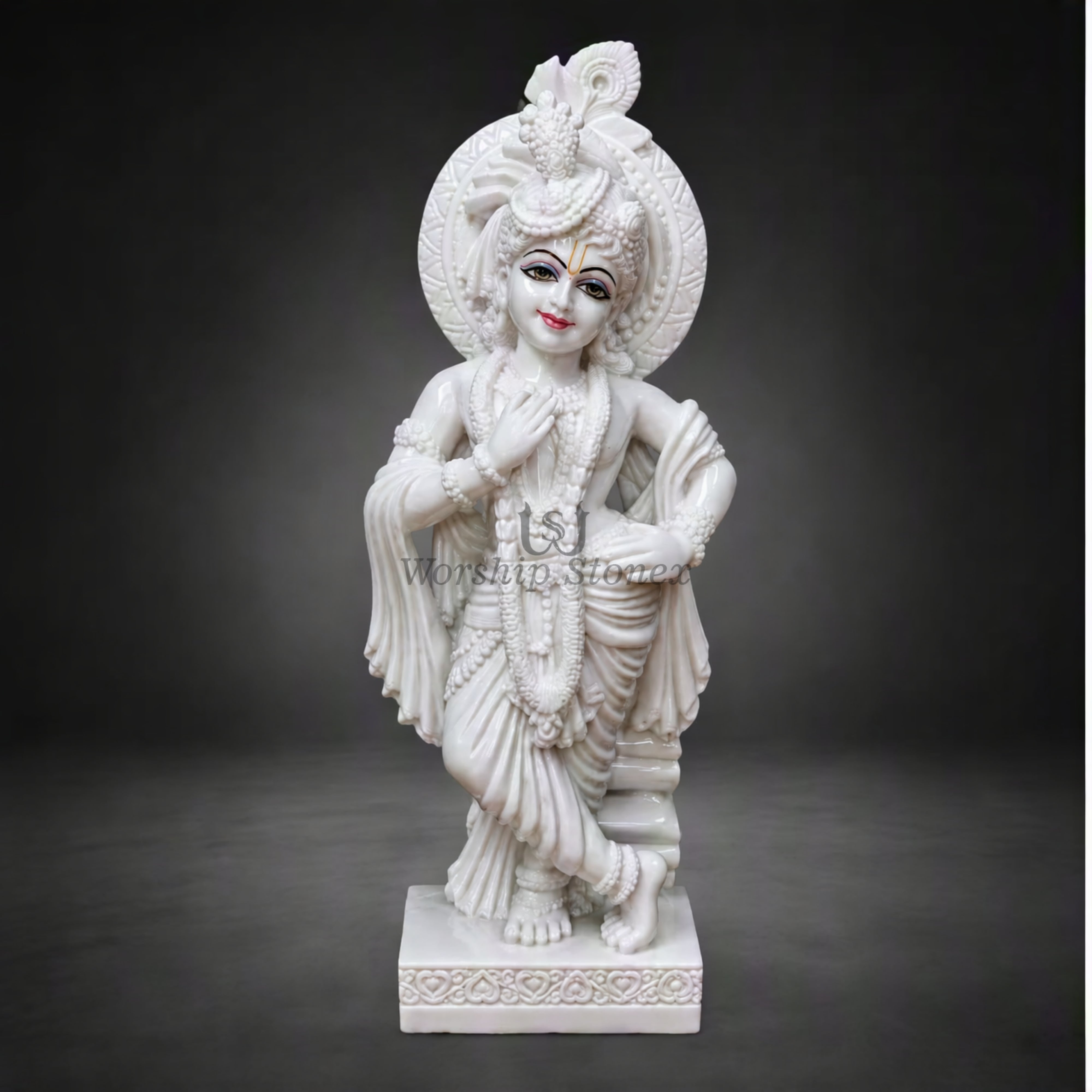 20 Inch Handcrafted Pure White Makrana Marble Lord Krishna Statue