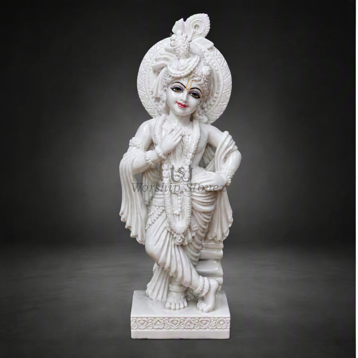 20 Inch Handcrafted Pure White Makrana Marble Lord Krishna Statue