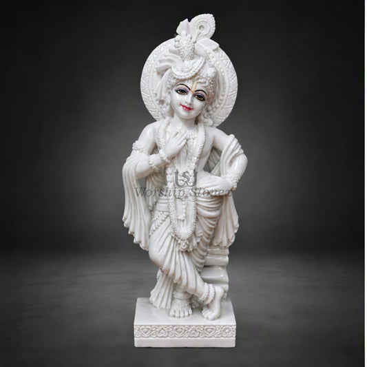 20 Inch Handcrafted Pure White Makrana Marble Lord Krishna Statue