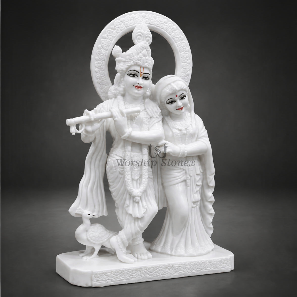 20 inch Makrana Marble Radha Krishna Murti with Peacock and Intricate Carving