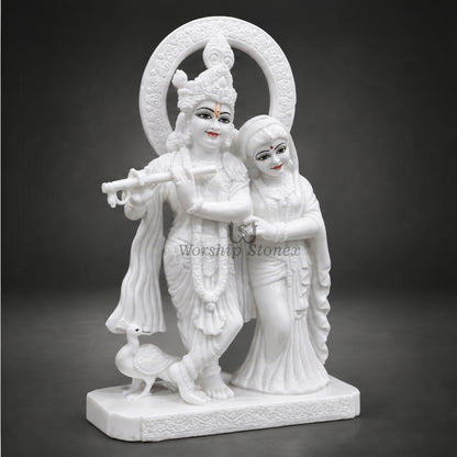 20 inch Makrana Marble Radha Krishna Murti with Peacock and Intricate Carving