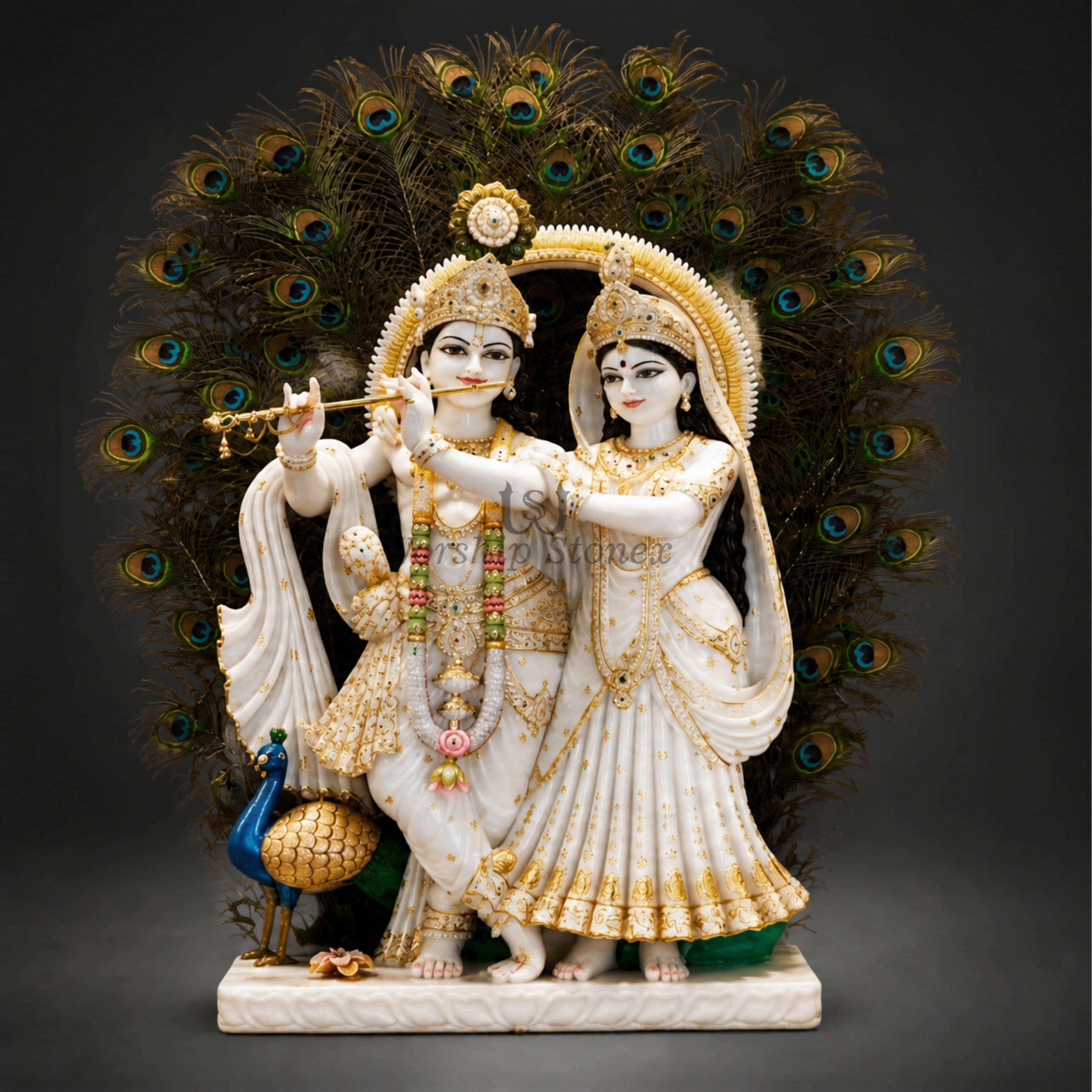30 Inch Handcrafted Vietnam White Marble Radha Krishna Statue – Standing Pair Idol with Gold Ornamentation and Peacock Feather Backdrop