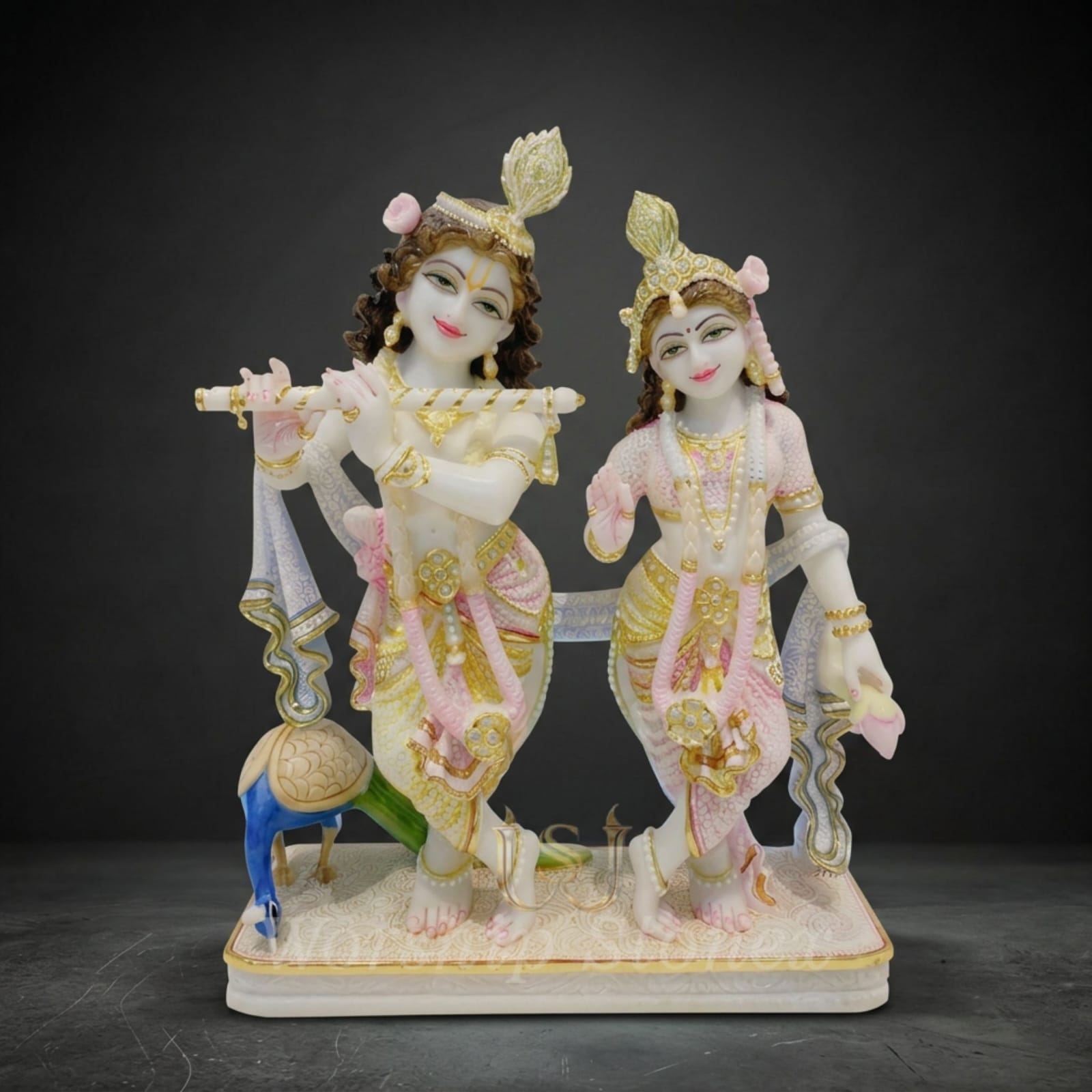 24 inch White Marble Radha Krishna Idol with Peacock – Premium Pink & Gold Finish