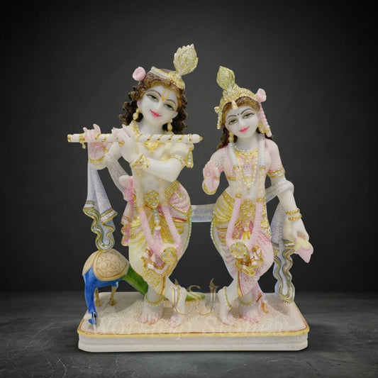 24 inch White Marble Radha Krishna Idol with Peacock – Premium Pink & Gold Finish