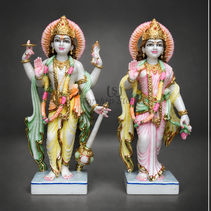 15 inch Standing Vishnu Lakshmi Marble Statue with Gold Leaf Work Makrana White Marble Lakshmi Narayan Statue for Home Mandir
