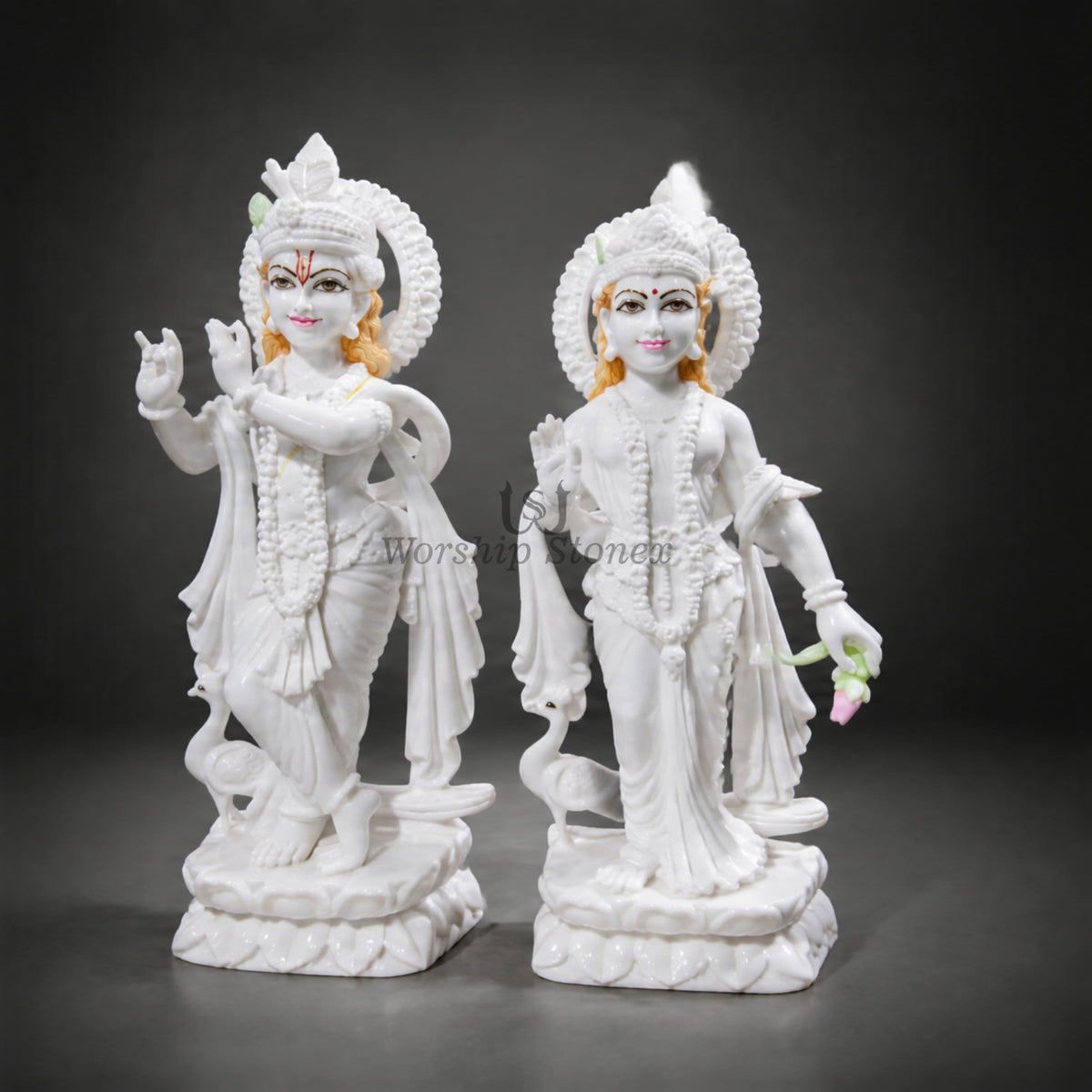 24 Inch White Makrana Marble Radha Krishna Statue Pair with Light Painting Work
