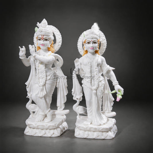 24 Inch White Makrana Marble Radha Krishna Statue Pair with Light Painting Work
