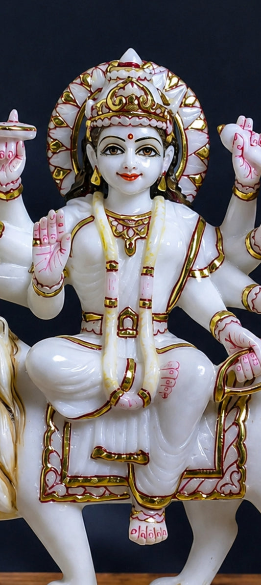 12 inch Marble Durga maa Idol with Gold Work