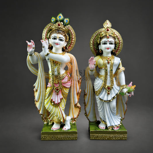 6 inch to 24 inch Makrana Marble Radha Krishna Murti with Multicolour Hand-Painted Detailing