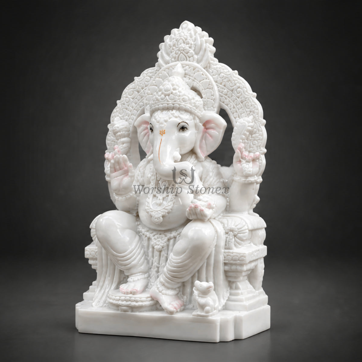 10 Inch White Makrana Marble Ganesha Idol with Intricate Carved Arch – Premium Ganesh Murti