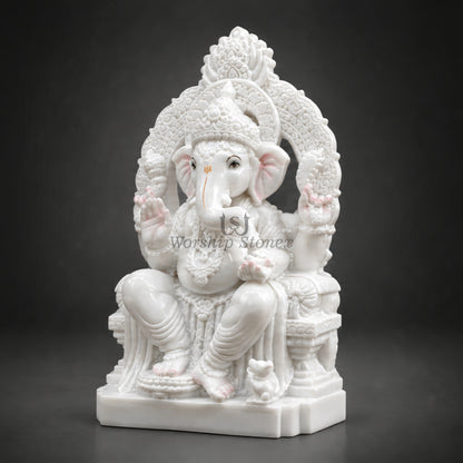 10 Inch White Makrana Marble Ganesha Idol with Intricate Carved Arch – Premium Ganesh Murti