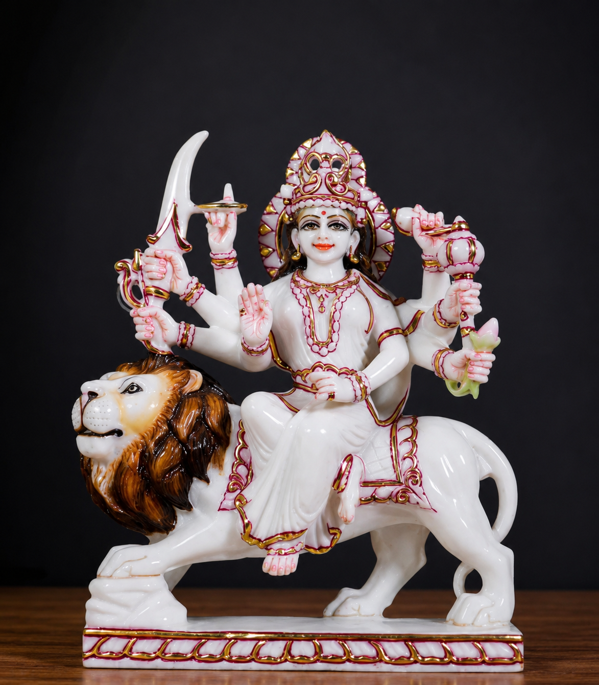 12 inch Makrana Marble Durga Maa Statue with Gold & Red Detail