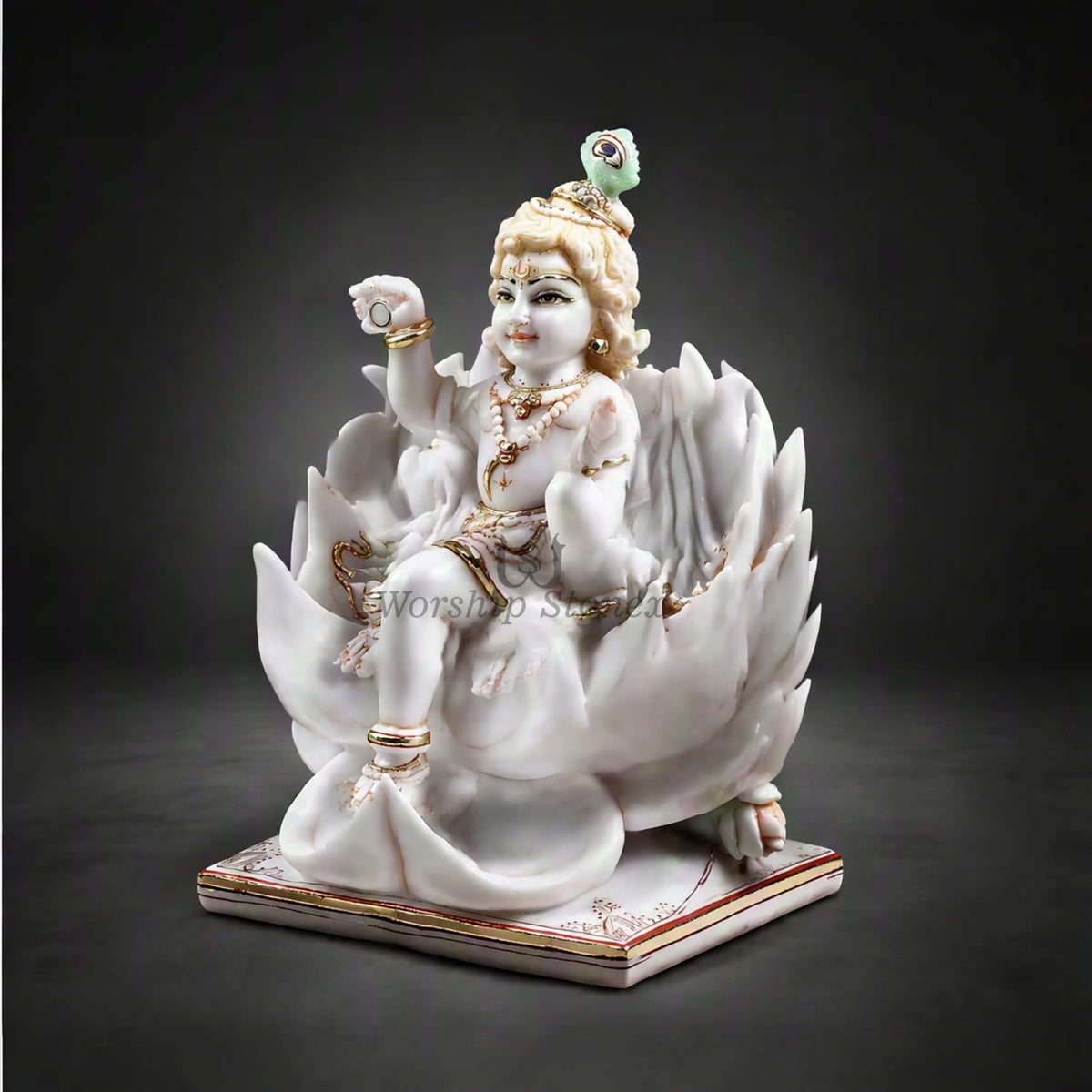 15 Inch White Marble Bal Krishna Moorti - Lotus Seated Idol