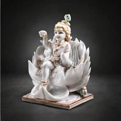 15 Inch White Marble Bal Krishna Moorti - Lotus Seated Idol