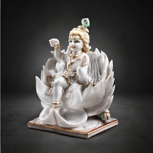 15 Inch White Marble Bal Krishna Moorti - Lotus Seated Idol
