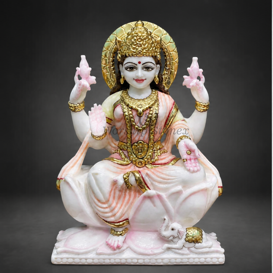 12 inch Seated Goddess Lakshmi Makrana White Marble Murti (Gold Embossed Finish)