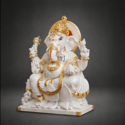 Vietnam White Marble Lord Ganesha Statue – Seated Lotus Vinayaka Idol with Royal Gold Work (Available in Sizes 12 to 36 Inches)