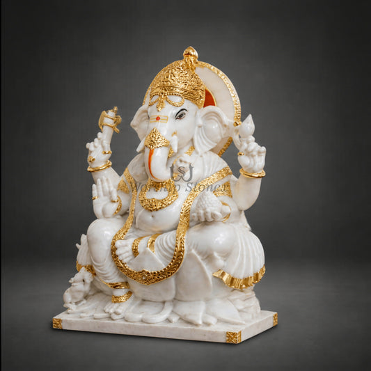 Vietnam White Marble Lord Ganesha Statue – Seated Lotus Vinayaka Idol with Royal Gold Work (Available in Sizes 12 to 36 Inches)