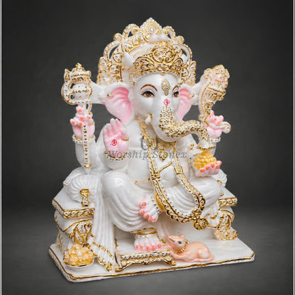 6' to 18' Premium White Marble Ganesha Murti – Gold & Pink Handcrafted Ganesh Idol