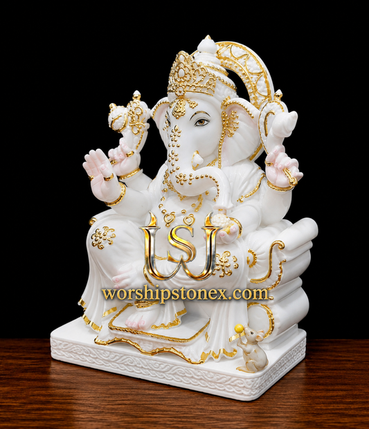 18 inch Luxury Gold-Painted White Marble Lord Ganesha Statue