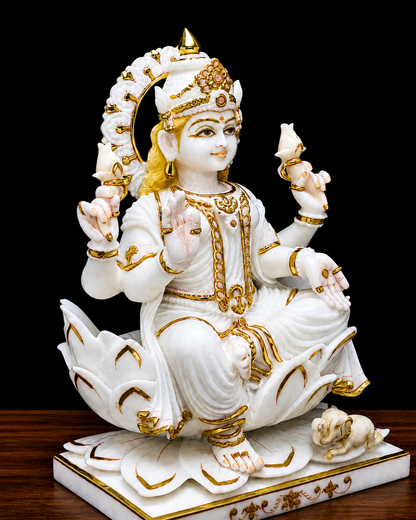 24 Inch White Marble Goddess Lakshmi Idol with Gold Hand-Painted Finish