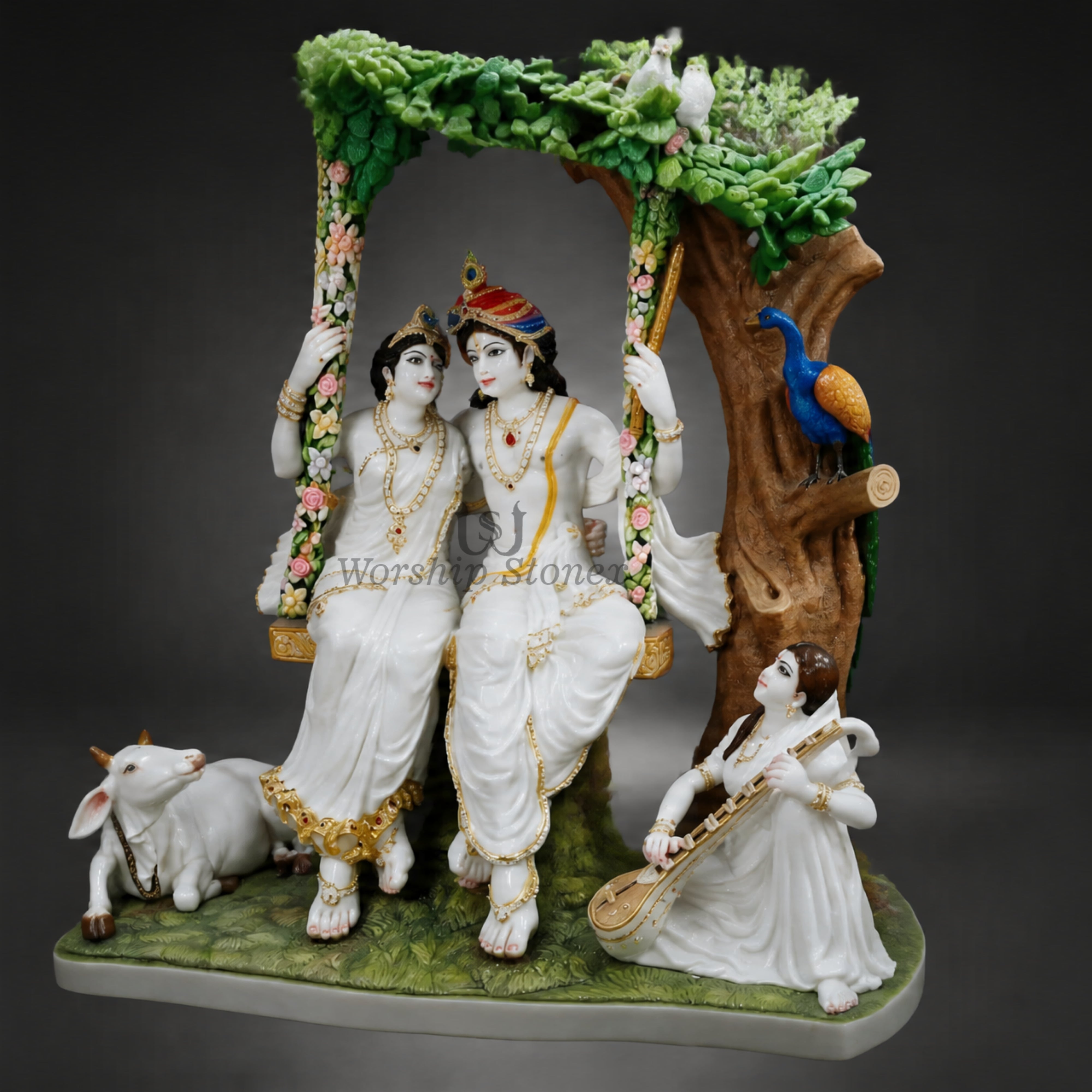 18 inch White Marble Radha Krishna statue,moorti,handmade,idol Jhula with Cow, Peacock & Saraswati