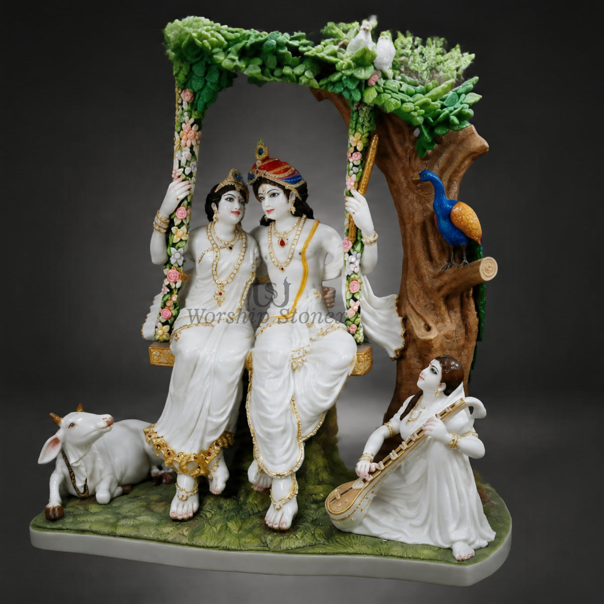 18 inch White Marble Radha Krishna statue,moorti,handmade,idol Jhula with Cow, Peacock & Saraswati