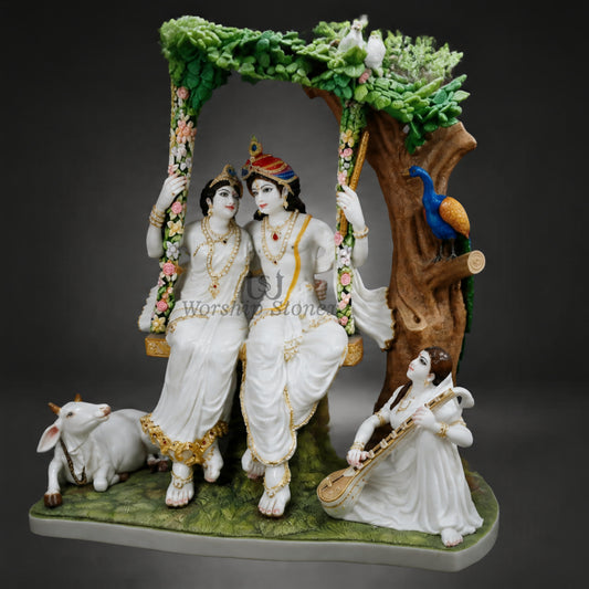 18 inch White Marble Radha Krishna statue,moorti,handmade,idol Jhula with Cow, Peacock & Saraswati