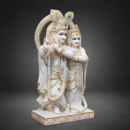 6 inch to 24 inch Makrana Marble Radha Krishna Murti with Intricate Gold Detailing